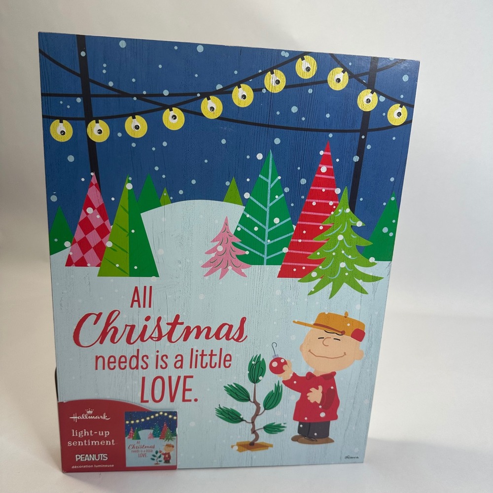 Hallmark Peanuts Charlie Brown Light-Up Sentiment Christmas Wood Sign‎ 12.5in